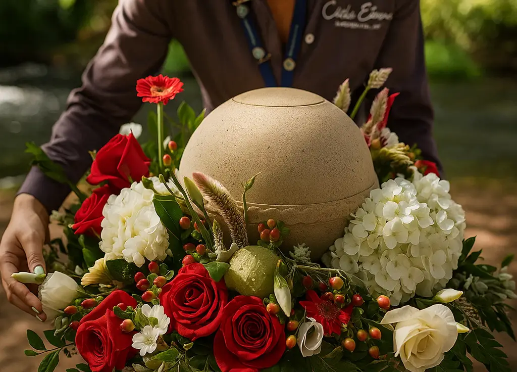 Urna biodegradable de Bio Agua decorada con flores naturales, utilizada en ceremonia ecológica de despedida