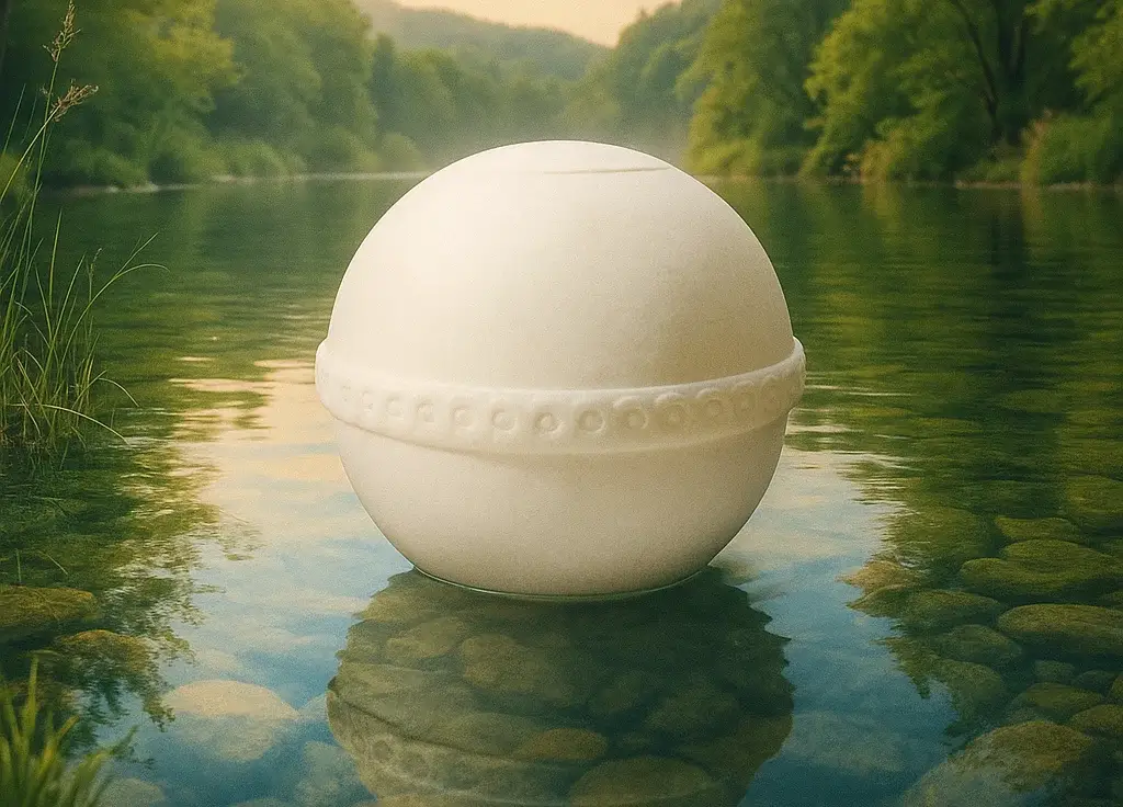 Urna biodegradable Bio Agua flotando suavemente en un lago, opción de funeral ecológico en México