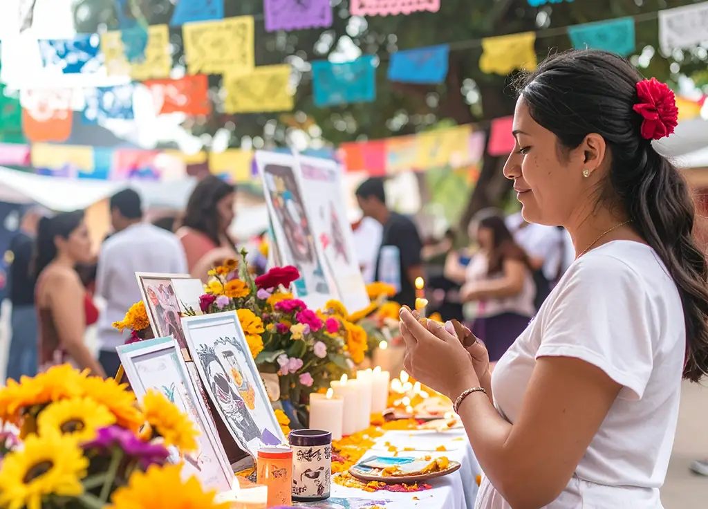 Ceremonia del recuerdo colectiva en Tecomán durante Día de Muertos, mujer participando frente a altar decorado