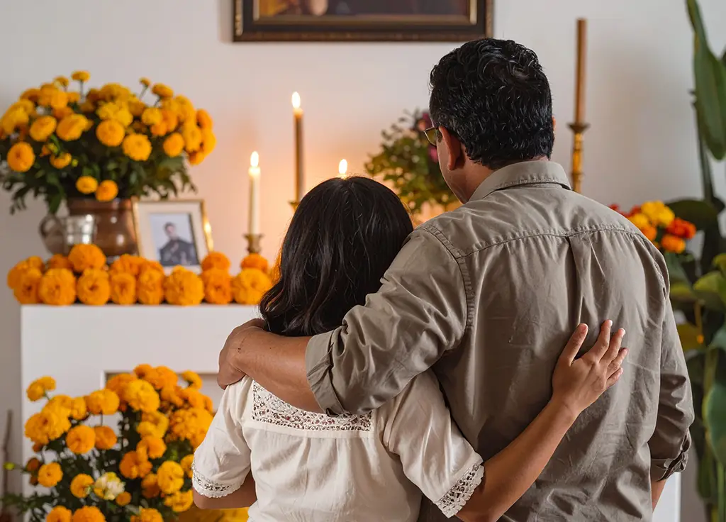 Familia recordando a un ser querido en ceremonia del recuerdo en Colima, altar con flores de cempasúchil y velas encendidas