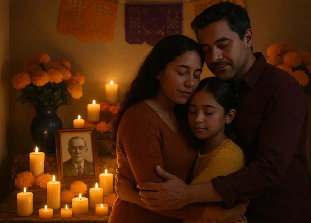 Familia abrazándose frente a altar con velas y flores durante ceremonia del recuerdo en Colima, homenaje íntimo y emocional