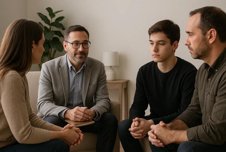 Tanatólogo cerca de mí brindando apoyo emocional durante el proceso de duelo en un entorno profesional y cálido