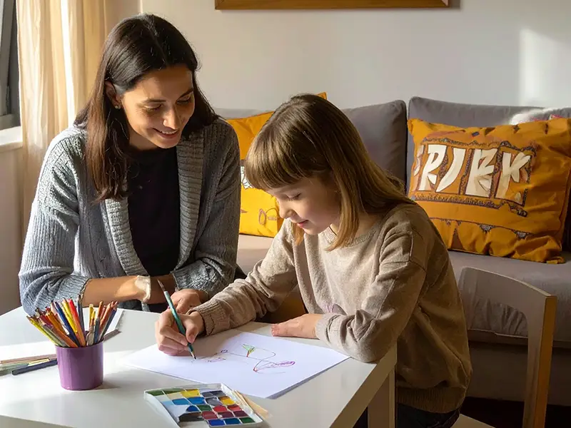 Niña realizando una actividad terapéutica para trabajar el duelo en niños, acompañada por una especialista, en un ambiente seguro y acogedor.