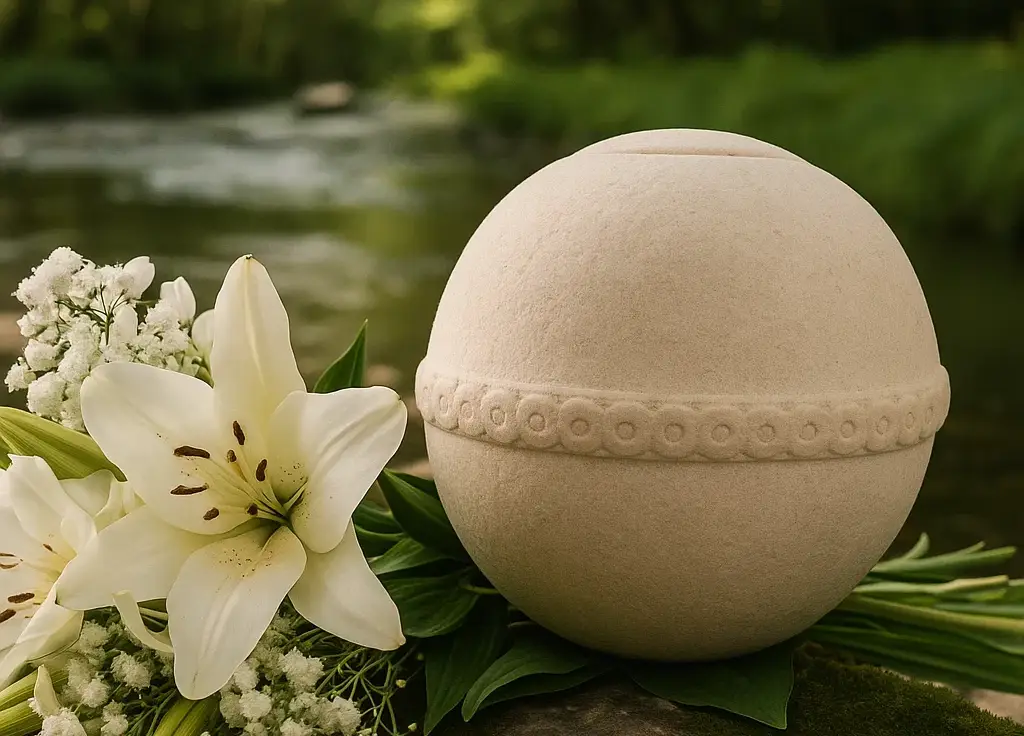 Urna biodegradable esférica rodeada de flores blancas, utilizada en funerales ecológicos de Cielo Eterno en México.