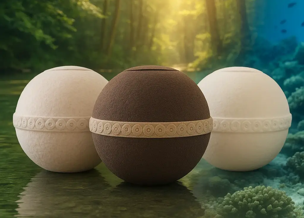 Urnas biodegradables Bio Agua, Bio Vida y Bio Mar de Cielo Eterno, juntas en un entorno natural que fusiona agua, bosque y mar como símbolo de funerales ecológicos en México.