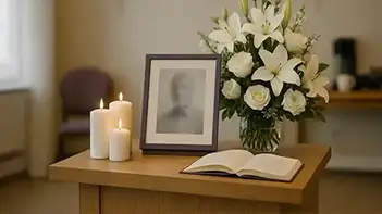 Mesa con foto enmarcada, velas encendidas, arreglo floral de lirios blancos y libro abierto en ceremonia funeraria