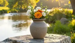 Sanación después de la pérdida: urna funeraria con flores en un entorno natural, representando el recuerdo, la paz y el homenaje a la vida.